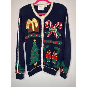 1990s Marisa Christina Gold Red Green Christmas Festive Gaudy Deco Cardigan L